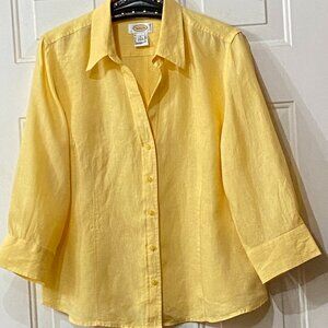 Talbots Irish Linen Sz L Women's Yellow Blouse Shirt 3/4 Sleeve